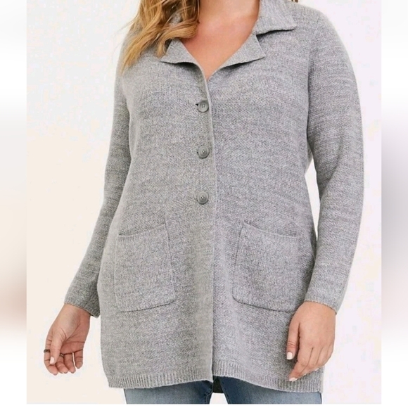 torrid Sweaters - Torrid Sweater Coat Woman Plus Sz 2X Gray Knit Notch Collar Button Pockets Read